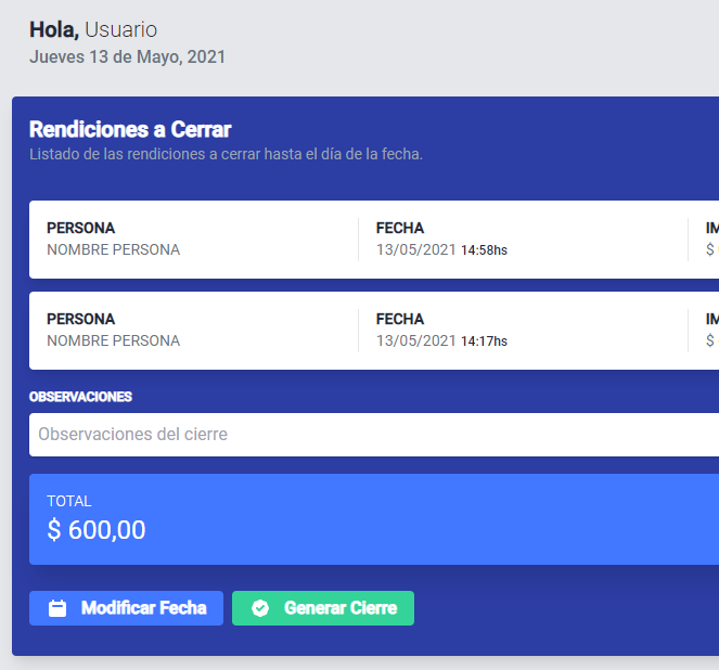 Lista de cobros para el cierre